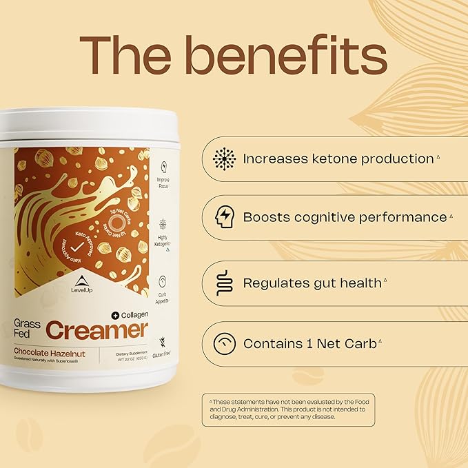 LevelUp Creamer, with Energizing MCT Oil and Collagen Peptides, Keto Coffee Creamer, Supports Natural Energy & Ketone Production - Chocolate Hazelnut