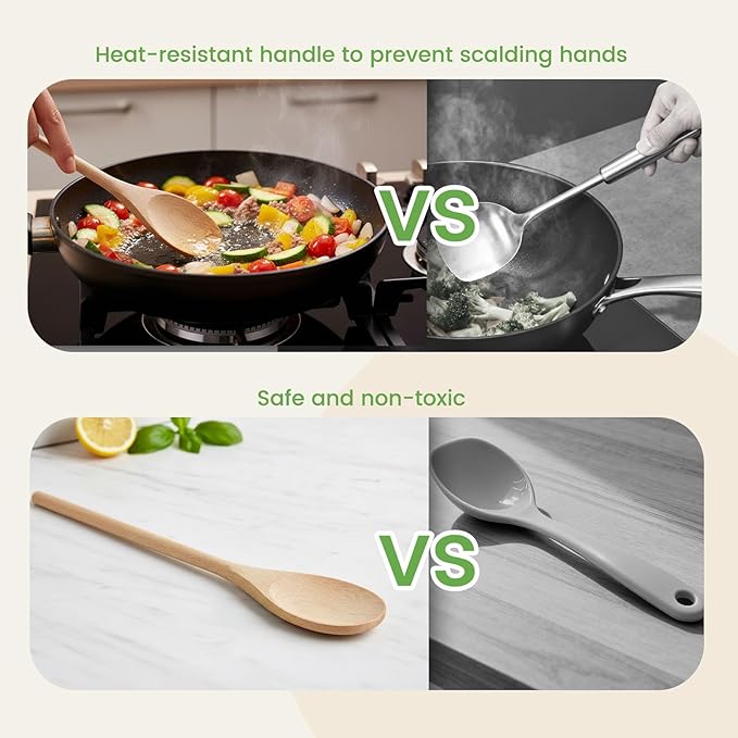 HANSGO 10 Inch Wooden Spoons for Cooking, 3PCS European Beech Wood Mixing Spoons, Heat Resistant, Non-Scratch for Nonstick Pans & Soup Pots, Ideal for Home Kitchen Stirring, Serving & Baking