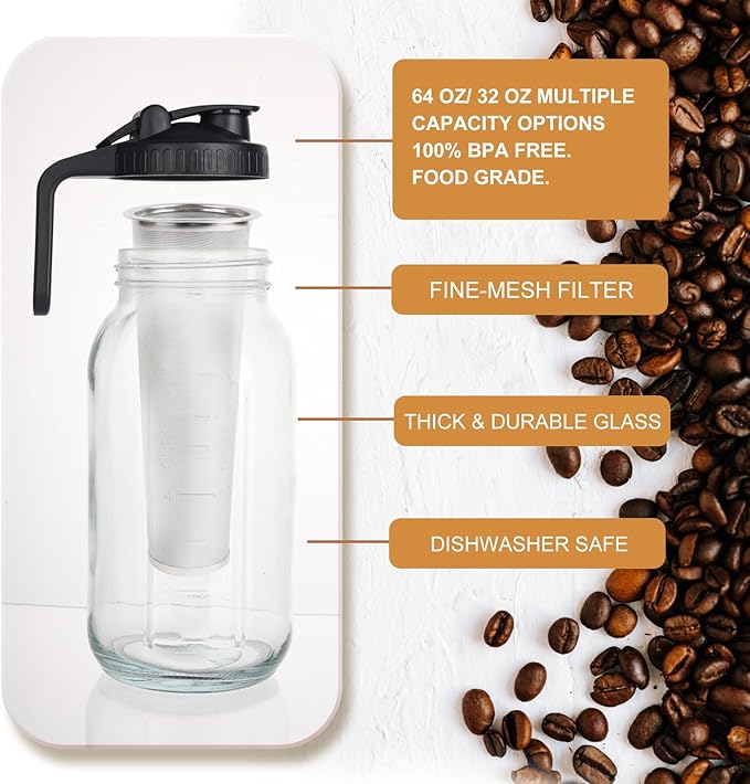 Cold Brew Coffee Maker, 2 Packs 64oz Mason Jar Pitcher with Durabel Glass & Stainless Steel Mesh Filter, Leak-Proof Glass Pither with Pour Spout Lid