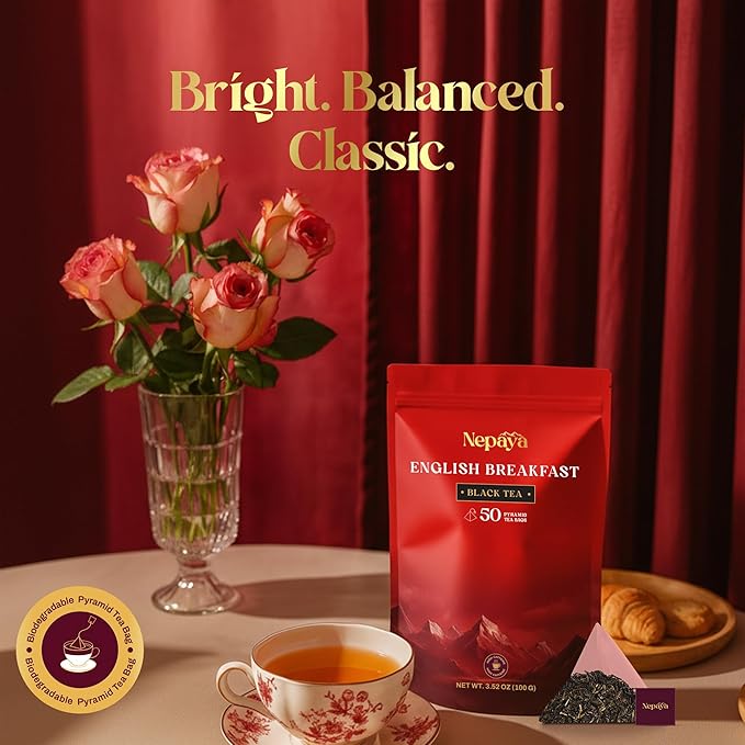 Nepaya English Breakfast Black Tea – 50 Pyramid Tea Bags, Strong & Robust, High Caffeine, Biodegradable, Himalayan Whole-Leaf