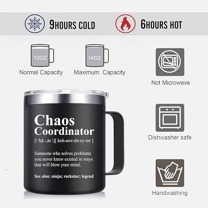Chaos Coordinator Mug Tumbler 14oz - Christmas Gifts for Men, Boss, Coworker, Manager, Office, Teacher, Nurse - Thank You Birthday, White Elephant Gifts for Adults - Black