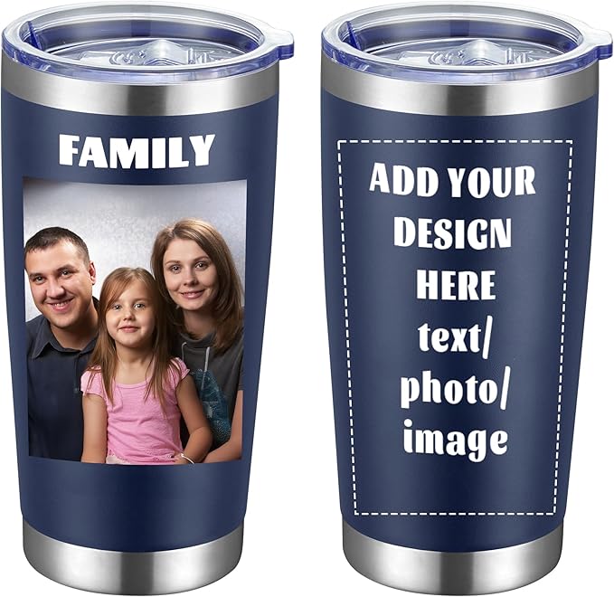 MEWAY Personalized Custom 20oz Stainless Steel Tumbler with Lid, Insulated Double Wall Vacuum Travel Coffee Tumbler Gifts with Text Photo Logo (Navy, 1pack)