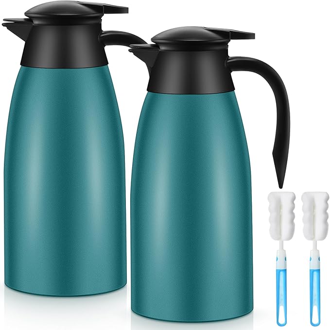 Uiifan 2 Pcs 68oz Thermal Carafe Insulated Stainless Steel Carafe Double Walled Vacuum Flask with Brushes for Keeping Coffee Tea for 12 Hours (Green)