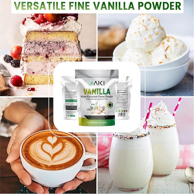 AKI Vanilla Extract Powder from Authentic Beans for Delicious Flavoring, Cooking, Baking, Drinks, Tea, Coffee, Smoothies, Cocktails - Sugar-Free & Alcohol-Free (454g/1lb)