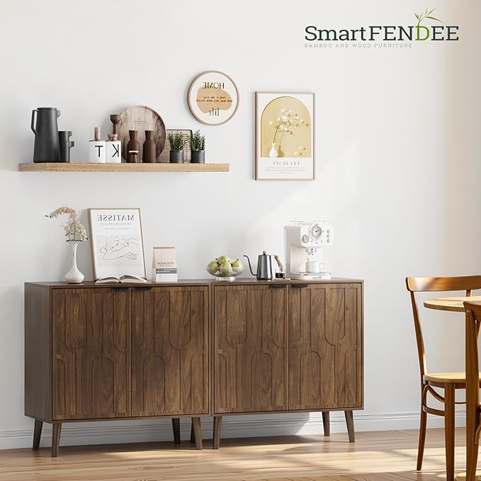 Walnut Buffet Cabinet, Sideboard Cabinet with Storage Fluted Doors, Farmhouse Coffee Bar Table for Kitchen, Living Room, Entryway