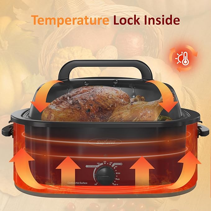 Sunvivi Roaster Oven, 24 Quart Electric Roaster Oven with Glass Lid, Turkey Roaster Buffet with Self-Basting Lid, Removable Pan, Cool-Touch Handles, Red