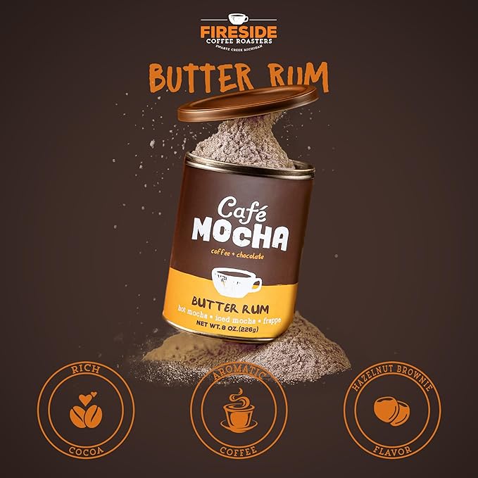 Fireside Coffee Butter Rum Café Mocha - Flavorful Instant Coffee Chocolate Blend - Premium Caffeinated Drink Mix for Hot, Iced, Milkshake, and Mocha Frappe Mix, Only Add Water and Enjoy, 8 Ounces