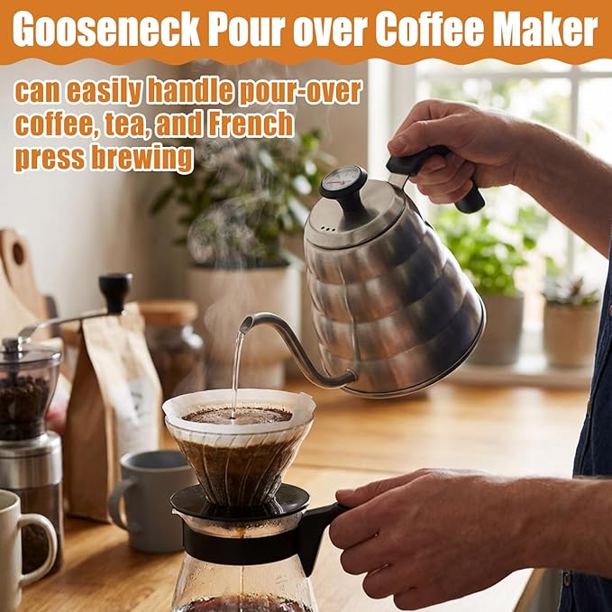 2 Sets Tea Kettle with Thermometer Pot and 2 Pcs Brushes, 40 Fl oz Stainless Steel Gooseneck Pour over Coffee Maker Teapot Pour over Coffee Kettle, 1200ml for Home Kitchen Camping