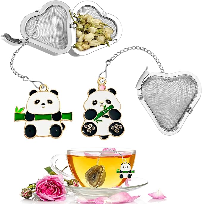 2pcs Fun panda loose tea strainer, cute tea Infuser, Heart shaped tea ball + animal pendant, reusable tea steeper makes afternoon tea meaningful (Panda, 2PCS)