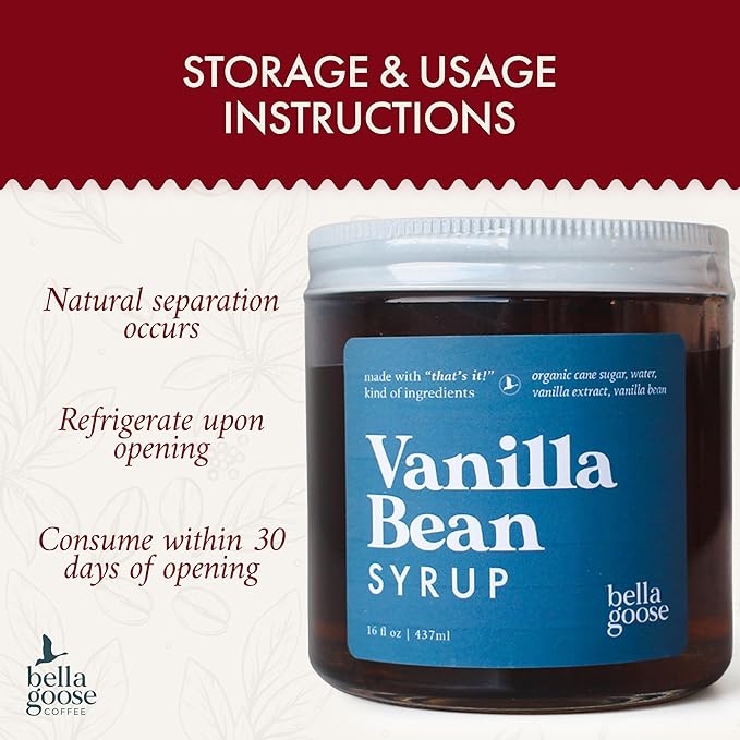 Bella Goose Vanilla Bean Coffee Syrup Jar (16oz) - Homemade Pure Cane Sugar Syrup for Lattes, Mocha, Desserts, & Ice Cream - Clean Ingredient - No Artificial Flavors, Oils, Dyes, or Preservatives Syrups for Coffee Drinks