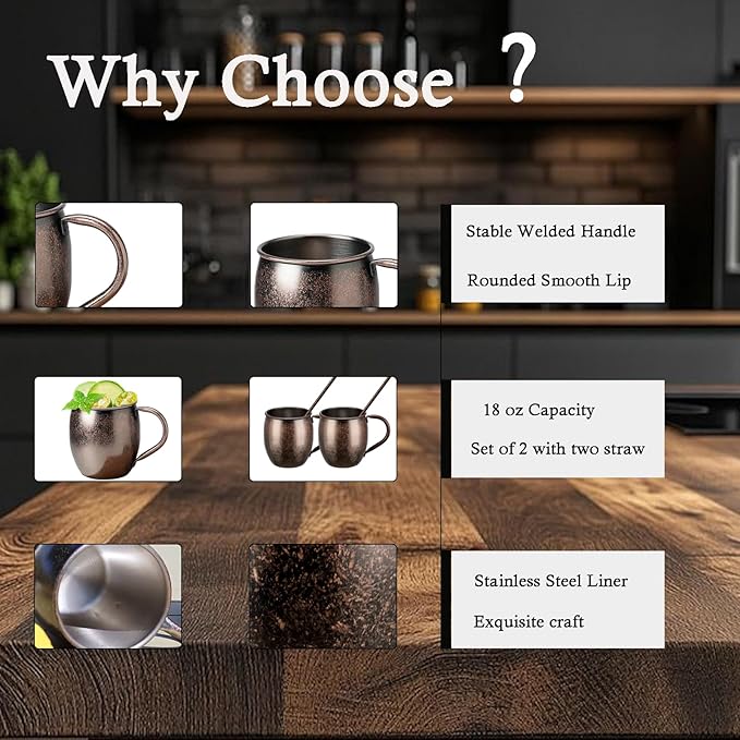 Moscow Mule MugsSet of 2-18 Oz Copper-Plated Fine Craftsmanship Etched Mugs,304 Stainless Steel-Lined Mule Cups,For Cold Drinks, Beer, Wine, Bars, Parties