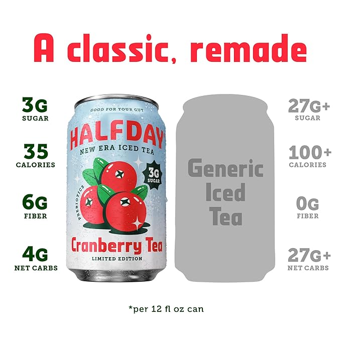 HALFDAY Prebiotic Iced Tea Cranberry, Supports Digestive & Gut Health, Plant Fiber & Prebiotics, 3g Sugar, 35 Calories, Natural Caffeine, Gluten Free, 12 fl oz (12 pack) Packaging May Vary