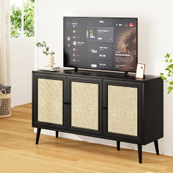 47.2" Buffet Cabinet with Storage Accent Sideboard, Modern Kitchen Cabinet with Rattan Doors, Wood Coffee Bar Table Console for Kitchen Living Room Entryway, Black