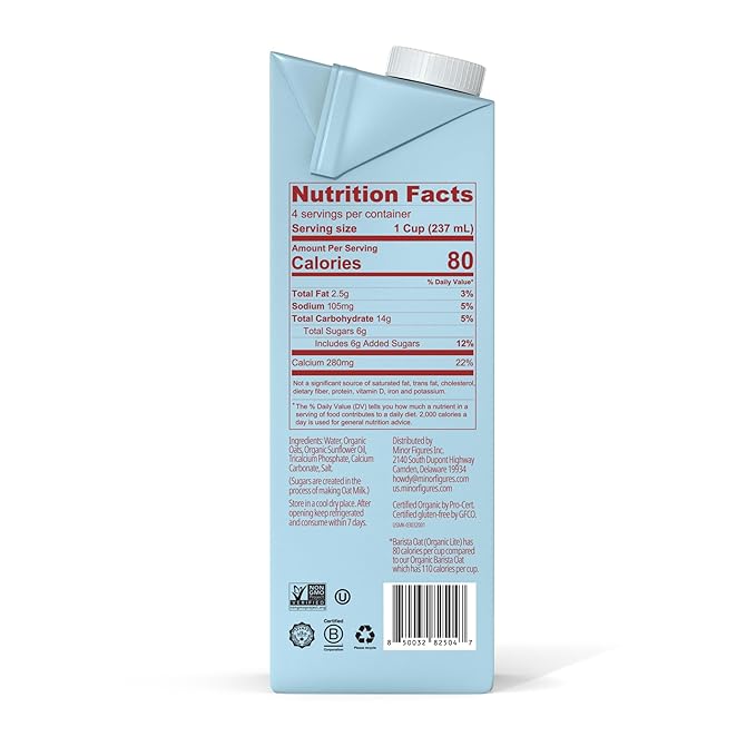 Minor Figures - Organic, Light Oat Milk, Barista Quality, 32 Fl oz, Dairy-Free & Vegan, No Added Sugar, Long Shelf Life, 1 pack)