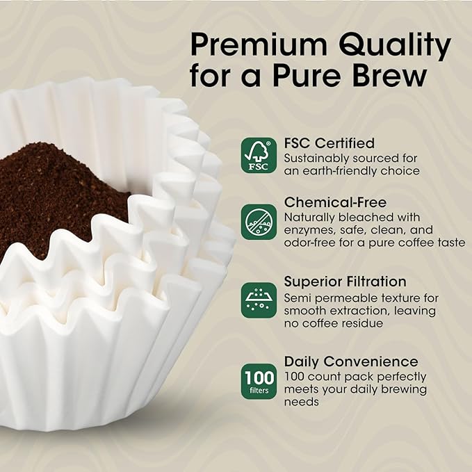 Basket Coffee Filters 8-12 Cup, 100 Count Flat Bottom Paper Filters for Drip Coffee Makers, Compatible with Mr. Coffee, BLACK+DECKER, Cuisinart, White - Package May Vary