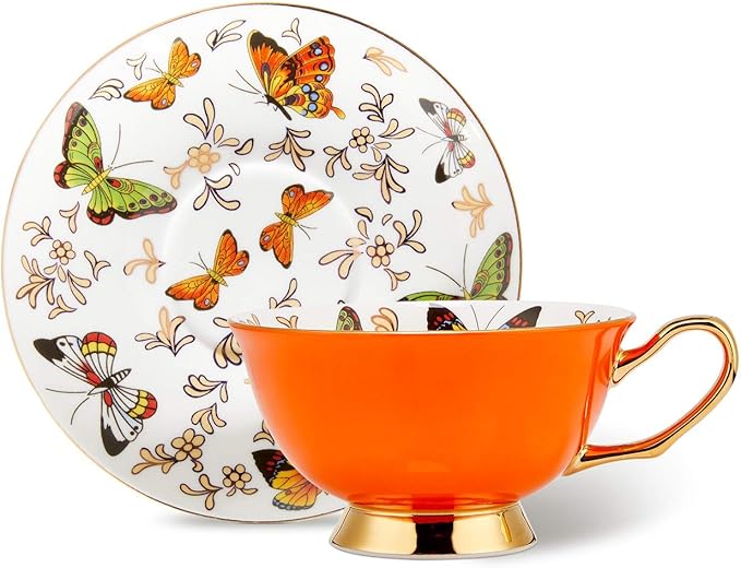 LURRIER Coffee Cup Mug with Saucer for Latte, Cappuccino Tea with Butterflies 6.8 Oz Fine Bone China, Dishwasher Safe, Reactive Glaze, 1 Pcs