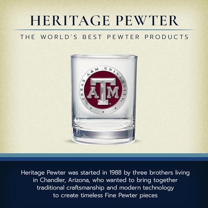 Heritage Pewter Texas A&M Double Old Fashion | Double Rocks Glass 14 OZ for Liquor | Expertly Crafted Pewter Glass