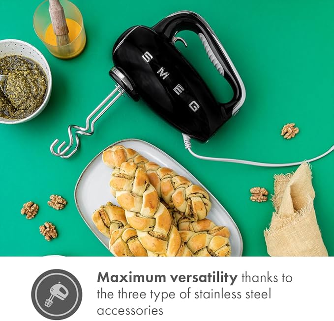 SMEG Black 50's Retro Style Electric Hand Mixer with Set of Beaters, Set of Dough Hooks and Set of Whisks