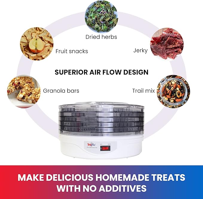Total Chef Food Dehydrator - 5-Tier Liofilizadora, Air Drying Jerky, Fruit, Vegetable, Mushroom, Meat, Fish & More, Counter Top Alimentos Deshidratador For Home With Dishwasher Safe Trays Rack