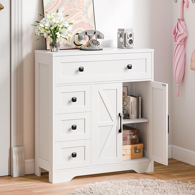Vabches Farmhouse Storage Cabinet with 2 Doors and 4 Drawers, Freestanding Bathroom Storage Cabinet Kitchen Pantry, Floor Hutch Cupboard for Living Room/Bathroom/Kitchen,(Unique White)