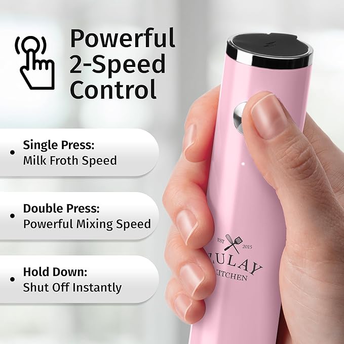 Zulay Kitchen Lux Electric Milk Frother Rechargeable Handheld - Powerful 2-Speed Motor, Waterproof, 2000mAh Battery - Drink Mixer for Latte, Cappuccino, Matcha & Protein Powder - Pink Bubblegum