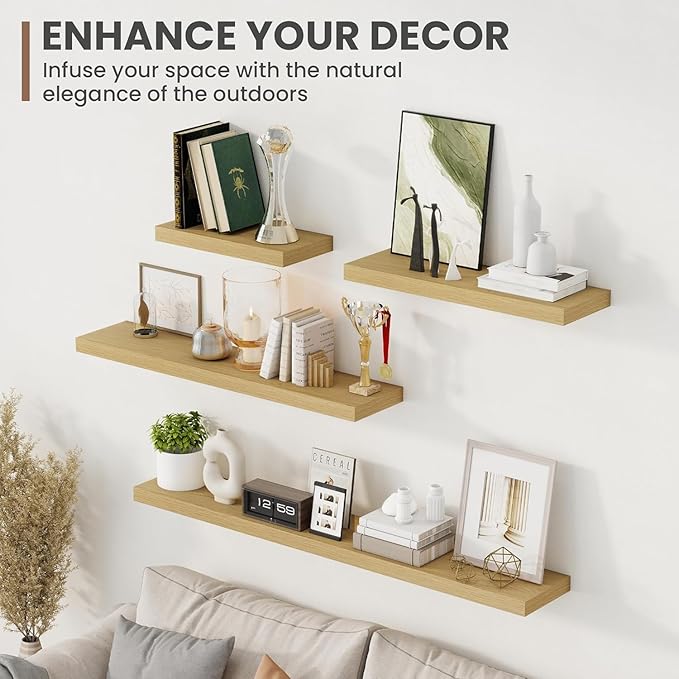 72 Inch Floating Shelves, 8 Inch Deep Floating Shelves for Wall, Hanging Shelf with Invisible Brackets, Deep Shelves for Bathroom, Bedroom, Living Room, Oak, Set of 1