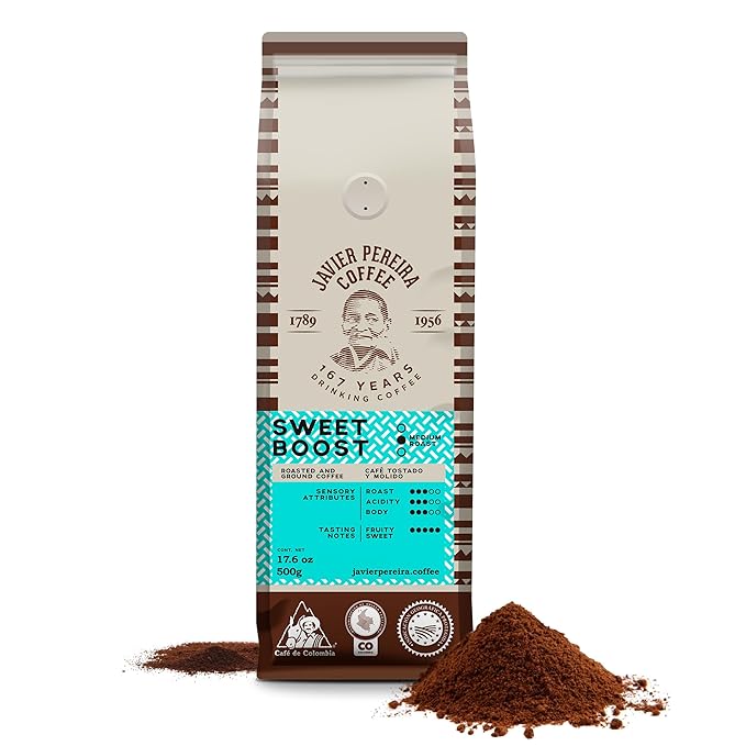 Javier Pereira Coffee - Sweet Boost Colombian Specialty Coffee – Medium Roast – 100% Arabica – Certified Café de Colombia – Sweet Fruity Notes – Ground - 17.6 Oz
