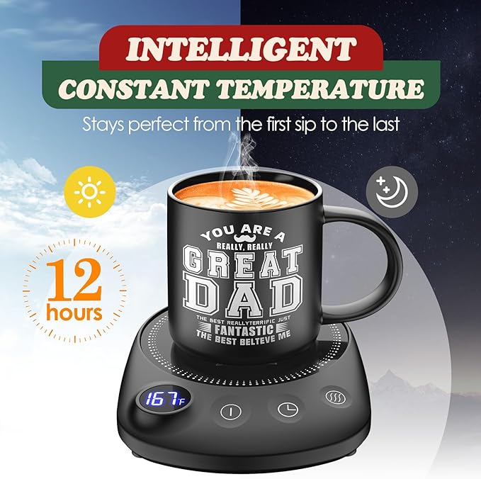 Coffee Mug Warmer - Fastest Heating & Highest Temperature, Coffee Cup Warmer for Desk Auto Shut Off, 4 Temp Settings & 1-12H Timer, Smart Electric Beverage Warme (Cup Warmer Set for dad)
