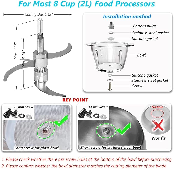 All Stainless Steel Food Processor Blade, Universal 8 Cup Plastic-Free Chopper Part Compatible with Ganiza, KOIOS, Syvio, Kitchen in the box, Homeasy and Most 8 Cup/2L Bowls