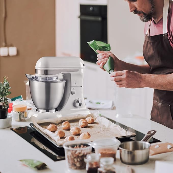 4.8QT Stand Mixer, 12-Speed Electric Kitchen Mixer with Tilt-Head, Stainless Steel Bowl, Egg Whisk, Dough Hook & Beater – Lightweight, Compact for Small Kitchens (White)