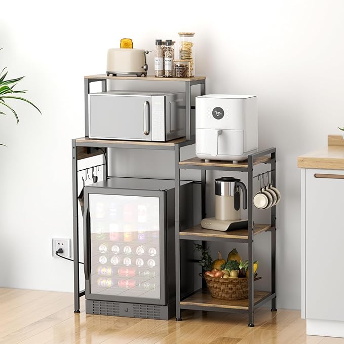 Mini Fridge Cabinet with Storage Shelves, Microwave Stand with 2 AC/2 USB Outlets, Coffee Bar Cabinet with Mini Fridge Space, Utility Storage Shelf for Home Kitchen Dorm Office