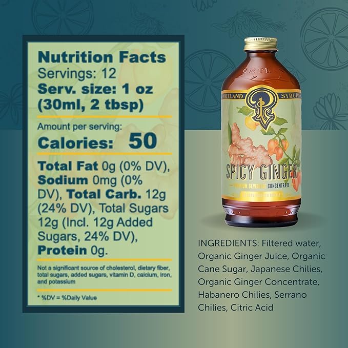 Portland Syrups Spicy Ginger Syrup - Extra Spicy Heat and Fresh Ginger Flavor - Premium Beverage Concentrate for Cocktails, Mocktails, Tea, and More - 12 oz with 12 Servings (Pack of 1)