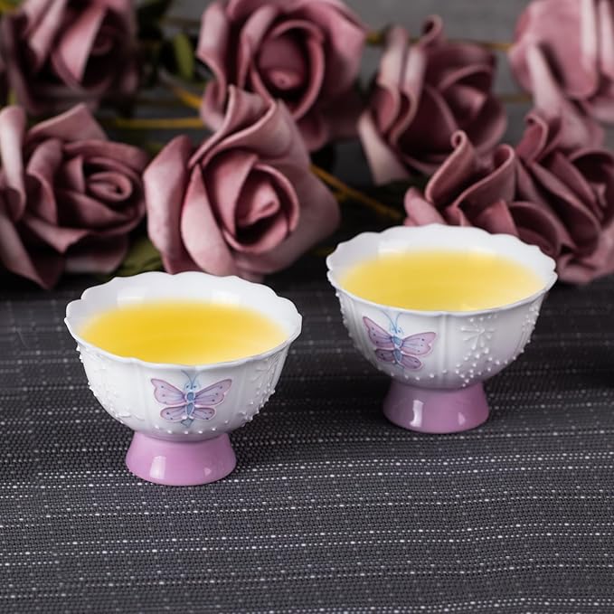 KAMMAK Tea Cup, 1.3oz Mini Porcelain Tea Cups Set of 2, Ceramic Teacups with Short Stem, Cute Teacup Set for Home, Tea Party, Chinese Kungfu Tea Set for Hot/Cold Drink (Purple Curtain Butterfly)