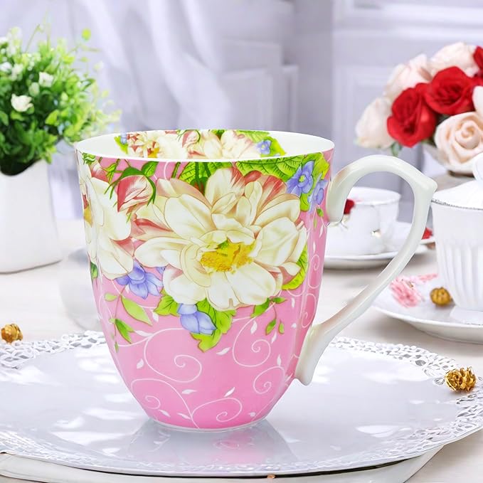 14oz Bone China Coffee Mugs for Women Floral Coffee Mug Tea Cups Novetly Coffee Cups Gift for Women Mom Friends