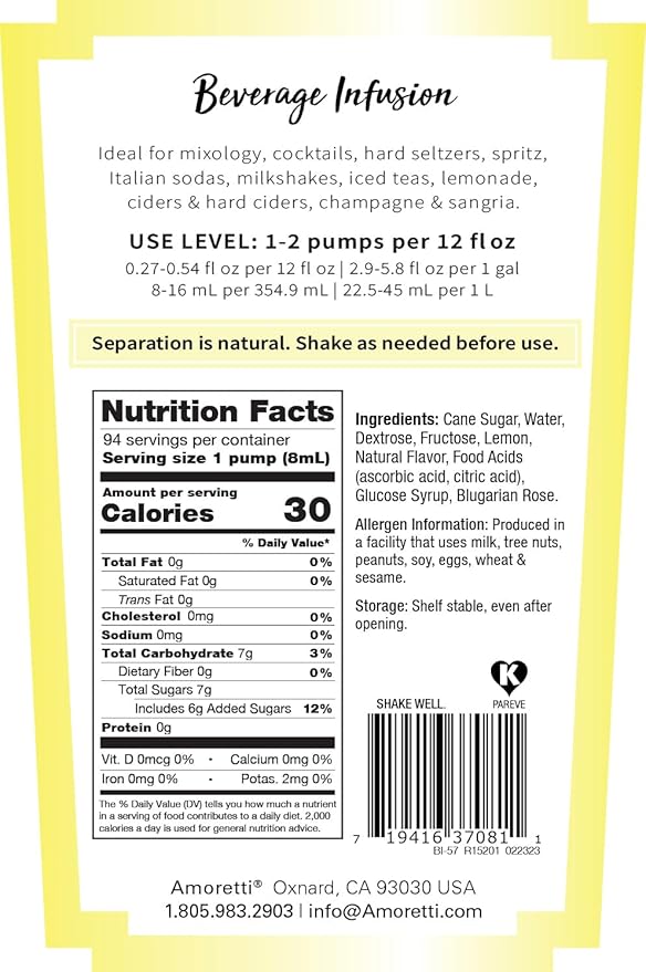 Amoretti - Limoncello Rose Beverage Infusion, 94 Servings Per Bottle (750 ml) - Drink Mix & Water Enhancer with Pump for Flavoring Cocktails, Waters, Teas, and other Beverages, Preservative Free