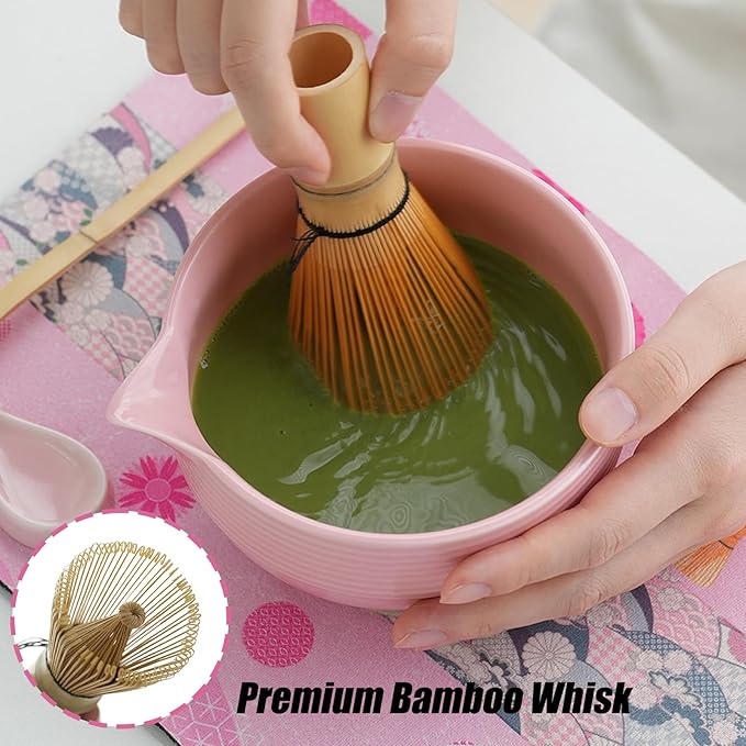 Clay&Fire Matcha Whisk Set, 9 pcs Ceramic Matcha Set, Gifts for Women,Matcha Bowl with Spout and Whisk, Matcha Kit for Matcha Lovers, Ideal Gift Christmas, Birthday, Anniversary(Pink)