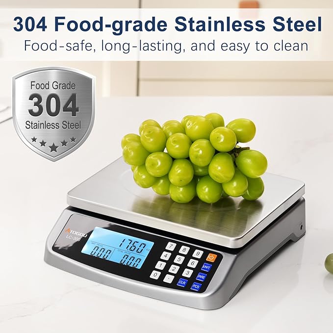 Atogou 66lb Food Scale, Commercial Kitchen Scale with Price Computing, Plug-in Usable, 0.05oz/1g, 304 Stainless Steel, for Cooking, Vegetables, Farm, Industry, Counting. LC300 Grey