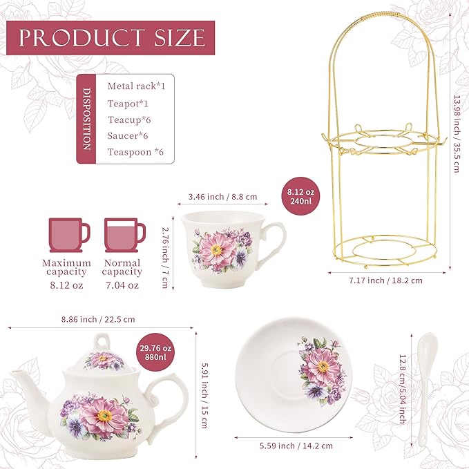 20-Pieces Tea Set For Adult with Golden Metal Rack,Porcelain Tea Sets For Women,Tea Gift Sets for Home&Party(K018)