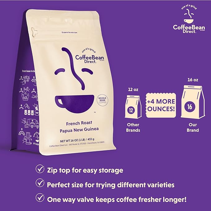 Coffee Bean Direct French Roast Papua New Guinea, Whole Bean Coffee, Dark Roast, 1 Pound Bag (Pack of 1)
