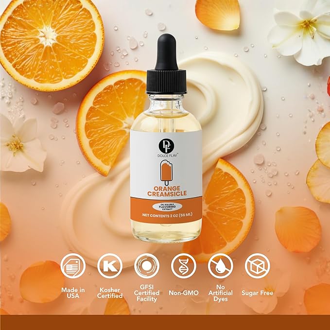 Dolce Flav Orange Creamsicle Extract - 2 Ounce Oil-Soluble Kosher, Sugar-Free, Concentrated Orange Creamsicle Flavor for Candy, Chocolates & Desserts, Includes Measured Dropper