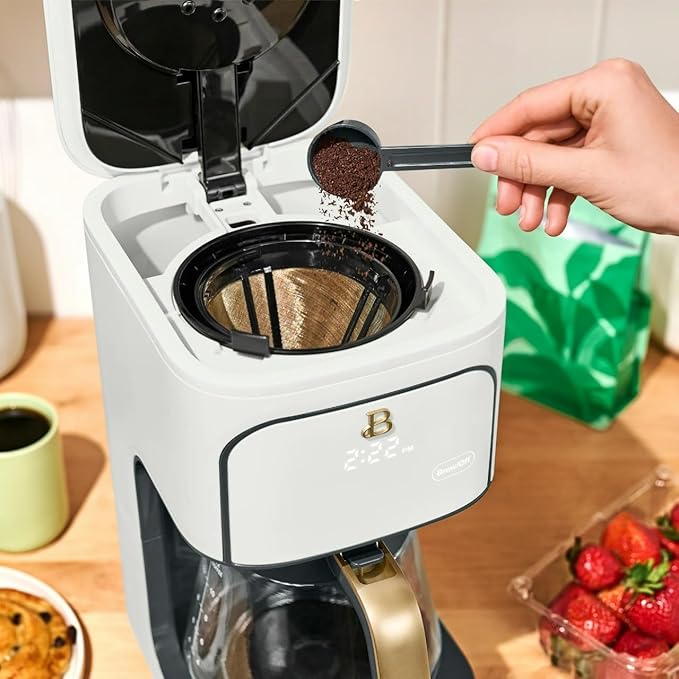 Beautiful 12 Cup Programmable Coffee Maker, Drip Coffee Machine with Glass Carafe, Automatic Brew Strength Control, Espresso Maker Function, Compact Espresso Machine (White Icing)
