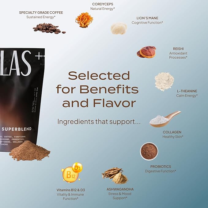 Atlas+ Coffee Superblend– Premium Mushroom Coffee with Collagen, Probiotics, D3 & B12, Lion’s Mane, Reishi, Cordyceps– for Energy, Focus, Immunity & Gut Health– 56 Servings (2 Bags)