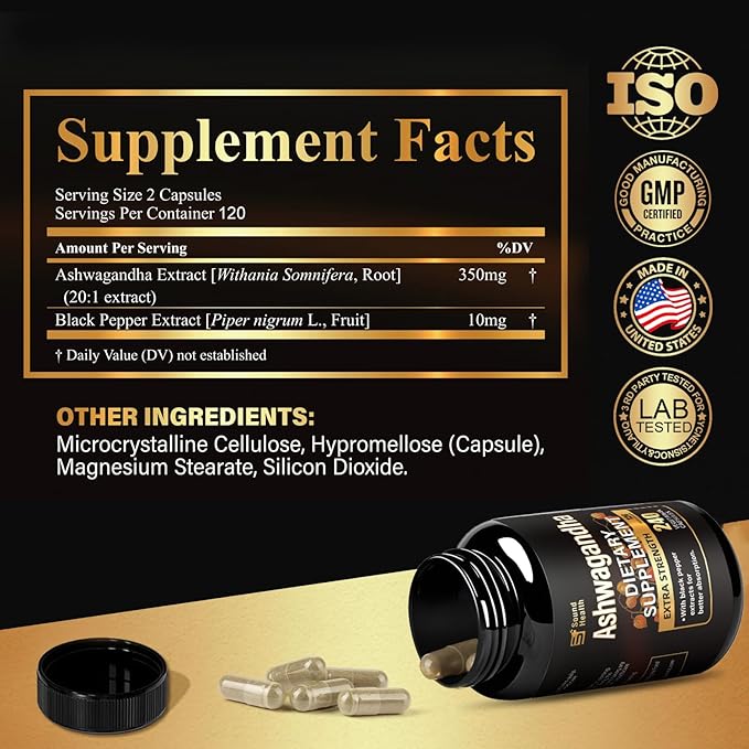 SoundHealth Organic Ashwagandha Capsules Supplements - 7000mg Herb Powder Equivalent Per, Ashwagandha Powder for Women & Man - Vegan, Plant Based, Gluten-Free, Non-GMO - 240 Capsules (120 Servings)