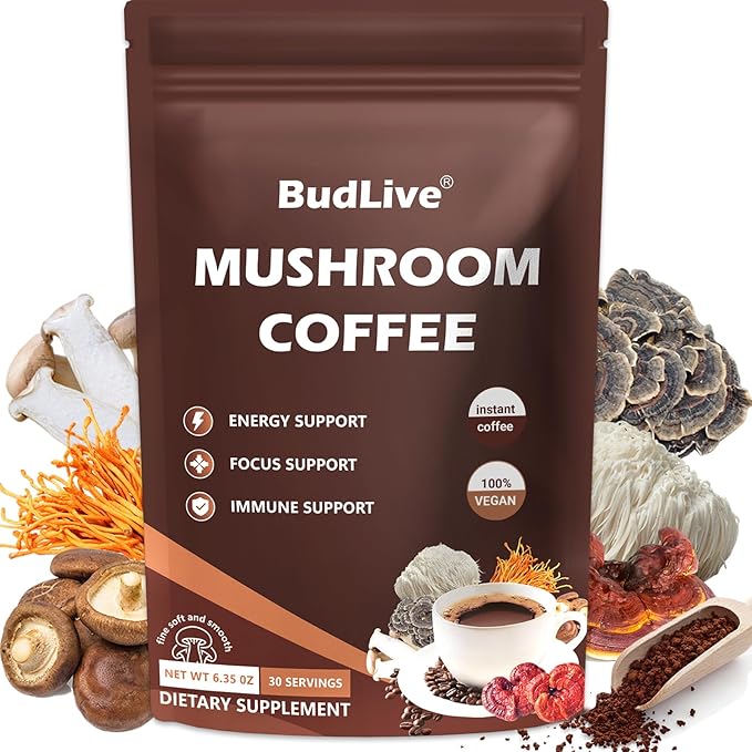 Mushroom Coffee with Lion's Mane, Reishi & Cordyceps – 6 Mushroom Adaptogen Blend for Focus, Energy, Digestion & Immune Support, Low Acid Instant Coffee Powder, 30 Servings