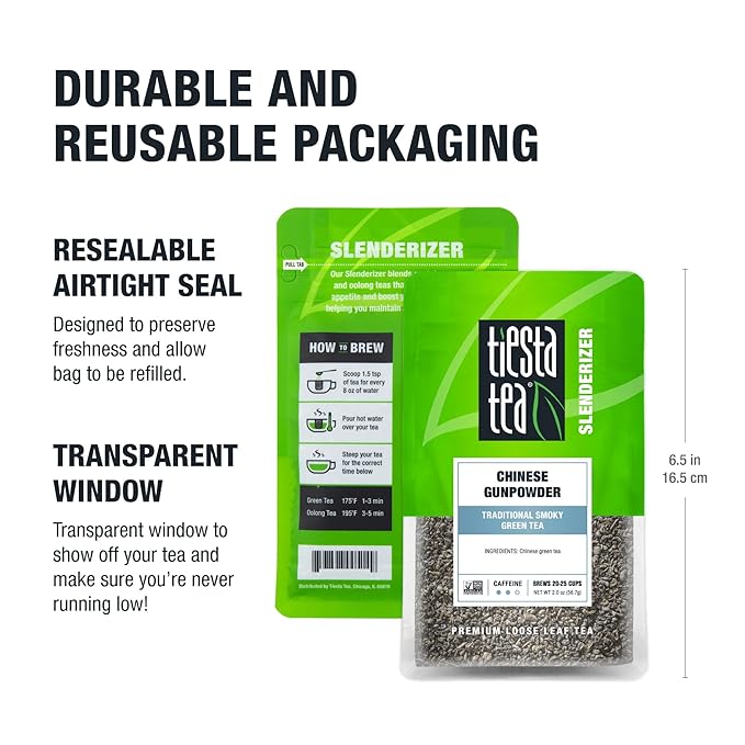 Tiesta Tea - Chinese Gunpowder, Loose Leaf, Traditional Smoky Green Tea, Premium Aromatic Blend, Medium Caffeinated Green, Make Hot or Iced Brews Up to 25 Cups, 2 Ounce Resealable Pouch