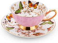 LURRIER Coffee Cup Mug with Saucer for Latte, Cappuccino Tea with Butterflies 6.8 Oz Fine Bone China, Dishwasher Safe, Reactive Glaze, 1 Pcs (Pink)