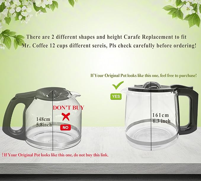 Glass Carafe Replacement Compatible with Mr Coffee 12 Cup Coffee Machine # RF, PC,SC,MMX,MSX, BVMC-RF300, BVMC-MSX23-NLY, BVMC-MMX23,BVMC-SC12BL1-2,BVMC-PL12BL1-NP,BVMC-EM100 Series