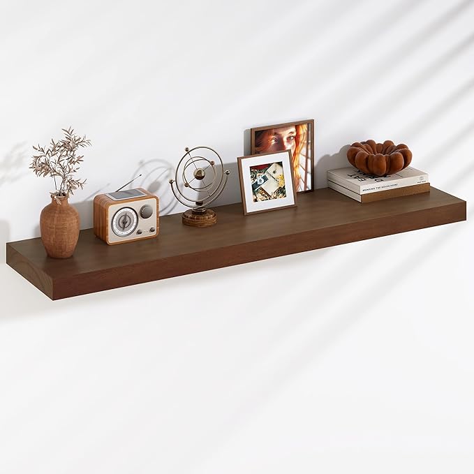 Fun Memories Floating Shelves, 9.3 Inch Deep Solid Pine Wood Wall Shelves for Storage, Rustic Wall Mounted Display Shelf with Invisible Heavy-Duty Metal Bracket, 48 Inch Width, Walnut