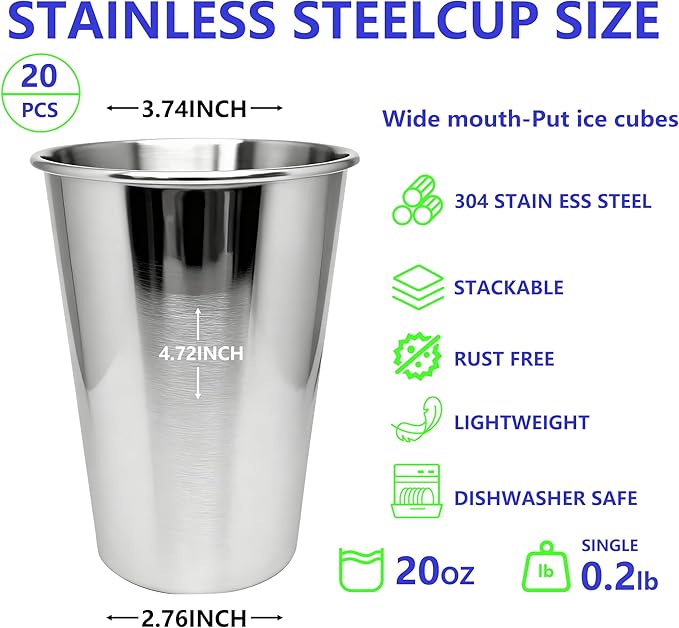 20oz 20PCS Stainless Steel Pint Cup,Pint Tumbler,Reusable metal Cups,Stainless Steel Water Tumbler,BPA Free,Stackble,Durable,Unbreakable Metal Drinking Glasses for Bar,Banquet Mugs (20, 20OZ)