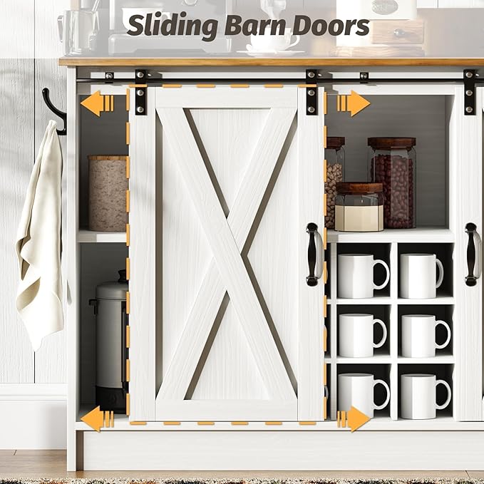 4ever2buy Farmhouse Coffee Bar Cabinet with Hutch, 47 Inch Buffet Cabinet with Storage, White Wine Bar with 9 Wine Racks and 6 Hooks, Coffee Bar Table with Adjustable Shelves for Living Dining Room